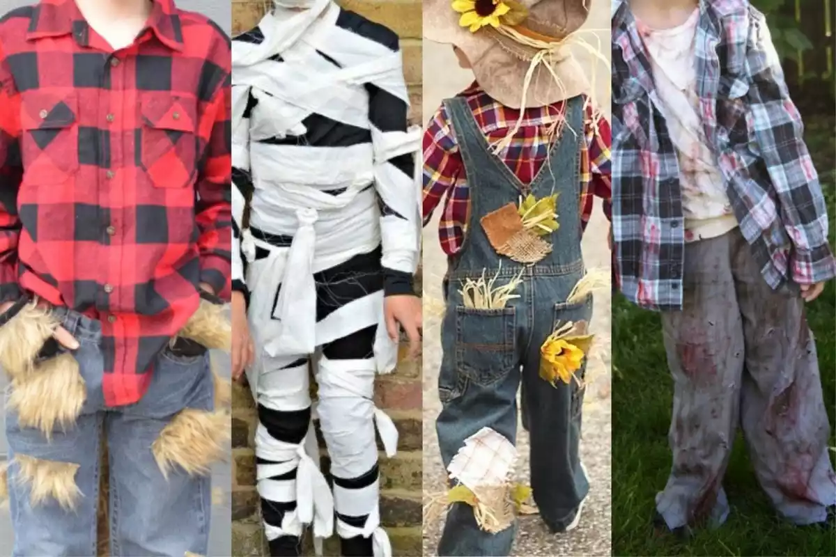 Montaje con fotografías de cuatro disfraces caseros para Halloween