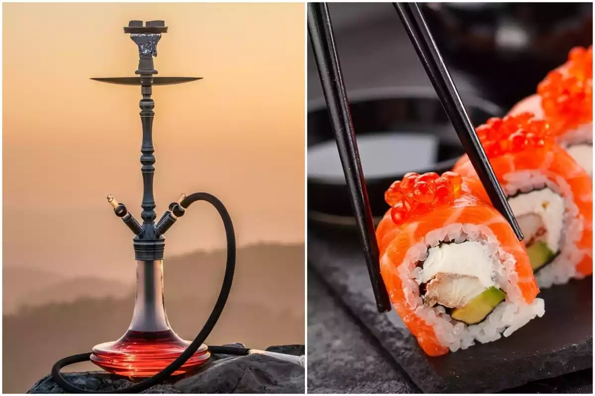 Montaje de fotos de cachimba y sushi