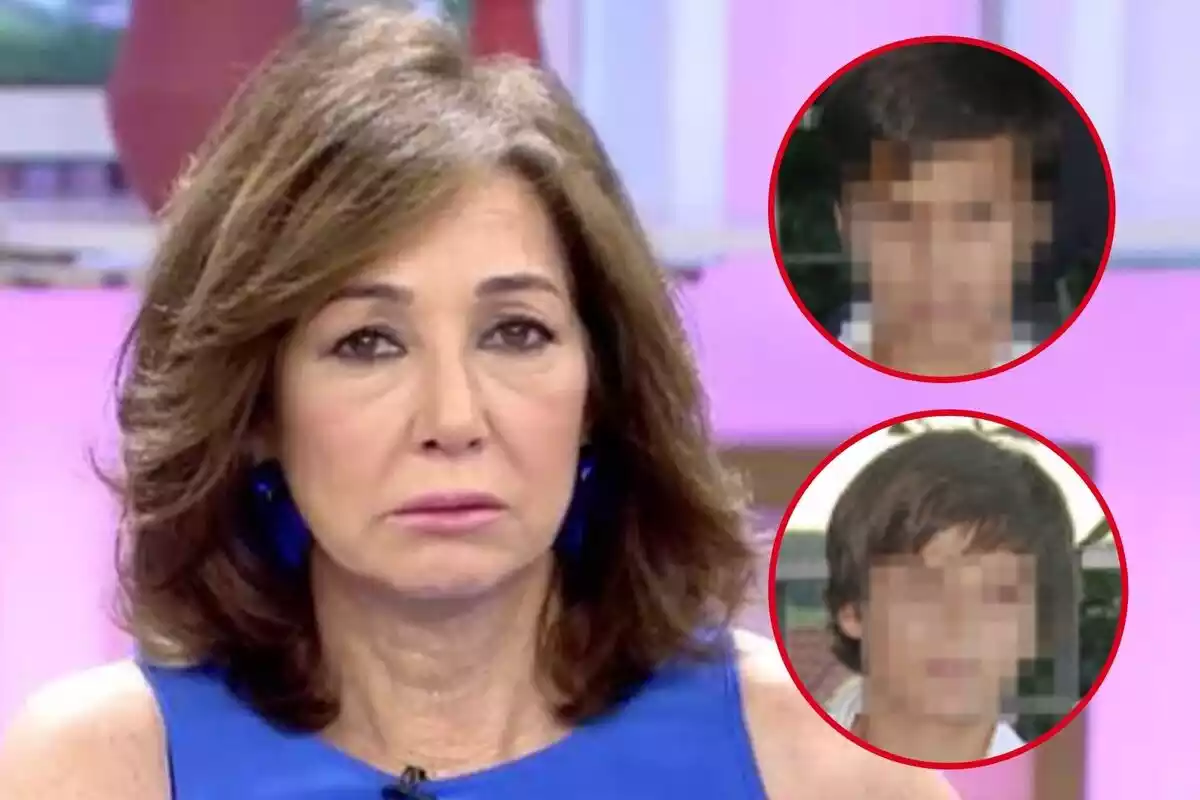Montaje de fotos de Ana Rosa Quintana y sus dos hijos menores con la cara pixelada