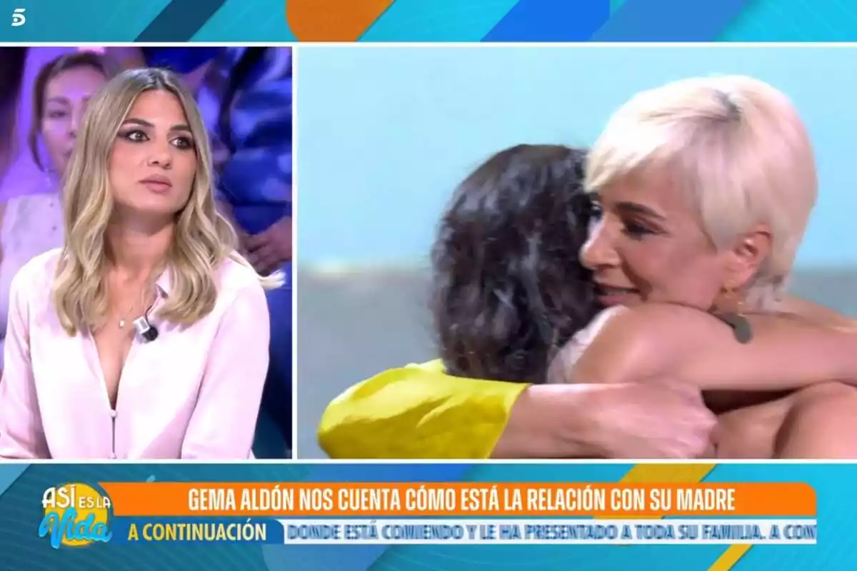 Captura de Gema Aldón en el programa 'Así es la vida' con unas imágenes de ella abrazando a su madre, Ana María Aldón