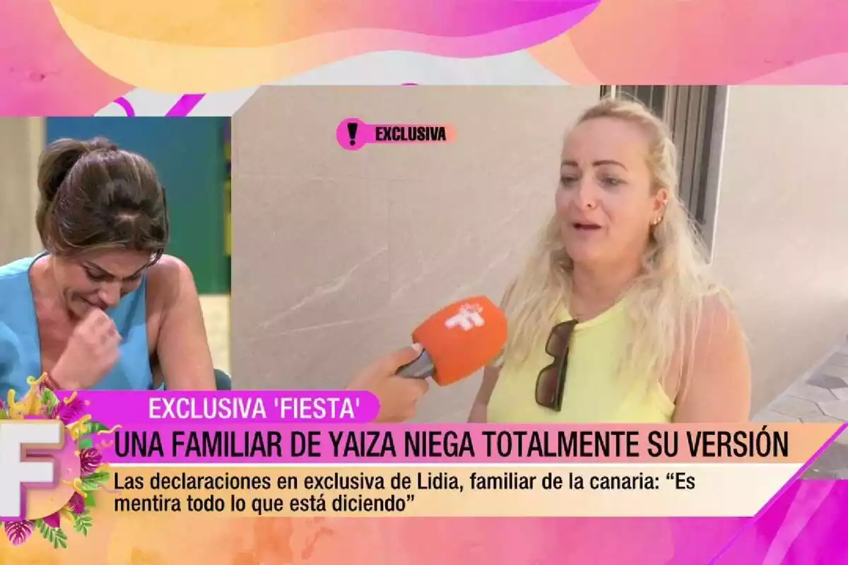 Captura de pantalla de 'Fiesta' donde se ve a Yaiza Martín llorando mientras escucha a Lidia, su cuñada, desmintiendo el maltrato que sufrió esta primera Captura de pantalla de 'Fiesta' donde se ve a Yaiza Martín llorando mientras escucha a Lidia, su cuñada, desmintiendo el maltrato que sufrió esta primera